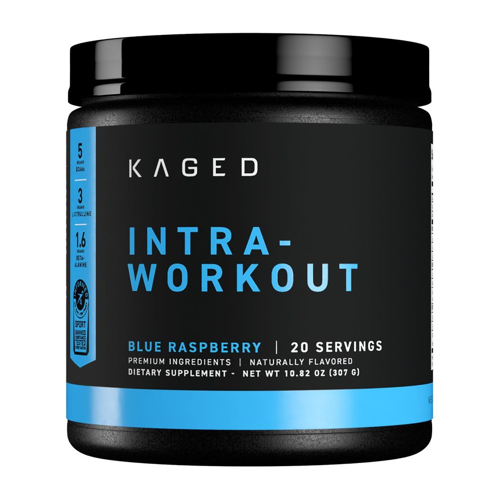 Kaged Intra-Workout Powder In-Kaged BCAAs, L-Citrulline & Beta-Alanine for Endurance 124mg Organic PurCaf Caffeine Coconut Water Powder 20 Servings Blue Raspberry
