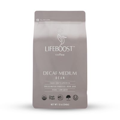 Lifeboost Medium Roast Swiss Water Decaf Whole Bean Coffee - Low Acid Organic Decaf Coffee, Non-GMO, USDA Organic, Single Origin, Third-Party Tested for Mycotoxins & Pesticides - 12 oz Bag