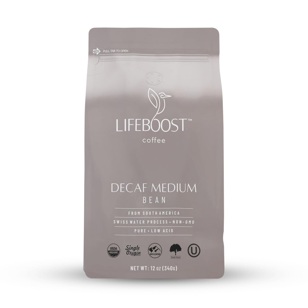 Lifeboost Medium Roast Swiss Water Decaf Whole Bean Coffee - Low Acid Organic Decaf Coffee, Non-GMO, USDA Organic, Single Origin, Third-Party Tested for Mycotoxins & Pesticides - 12 oz Bag