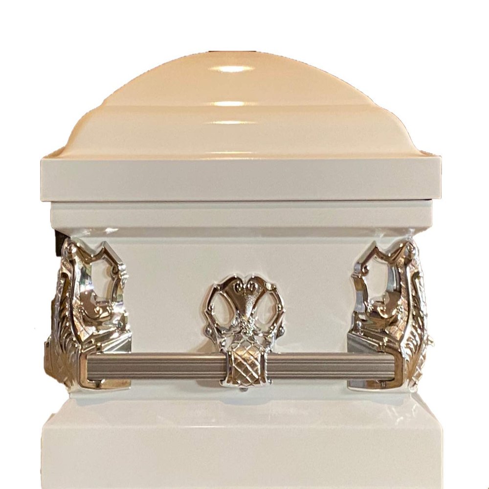 New Beautiful Solid White Casket/Silver Hardware/White Interior Comes in Several Colors and Styles!