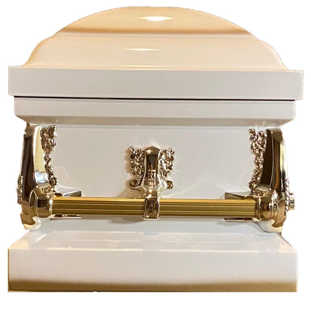 Beautiful White/Gold Casket Gold Hardware White Interior