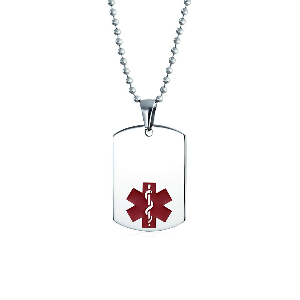 Bling Jewelry DNR-Do Not Resuscitate Medical Identification ID Dog Tag Pendant Necklace For Men Steel Small Custom Engraved