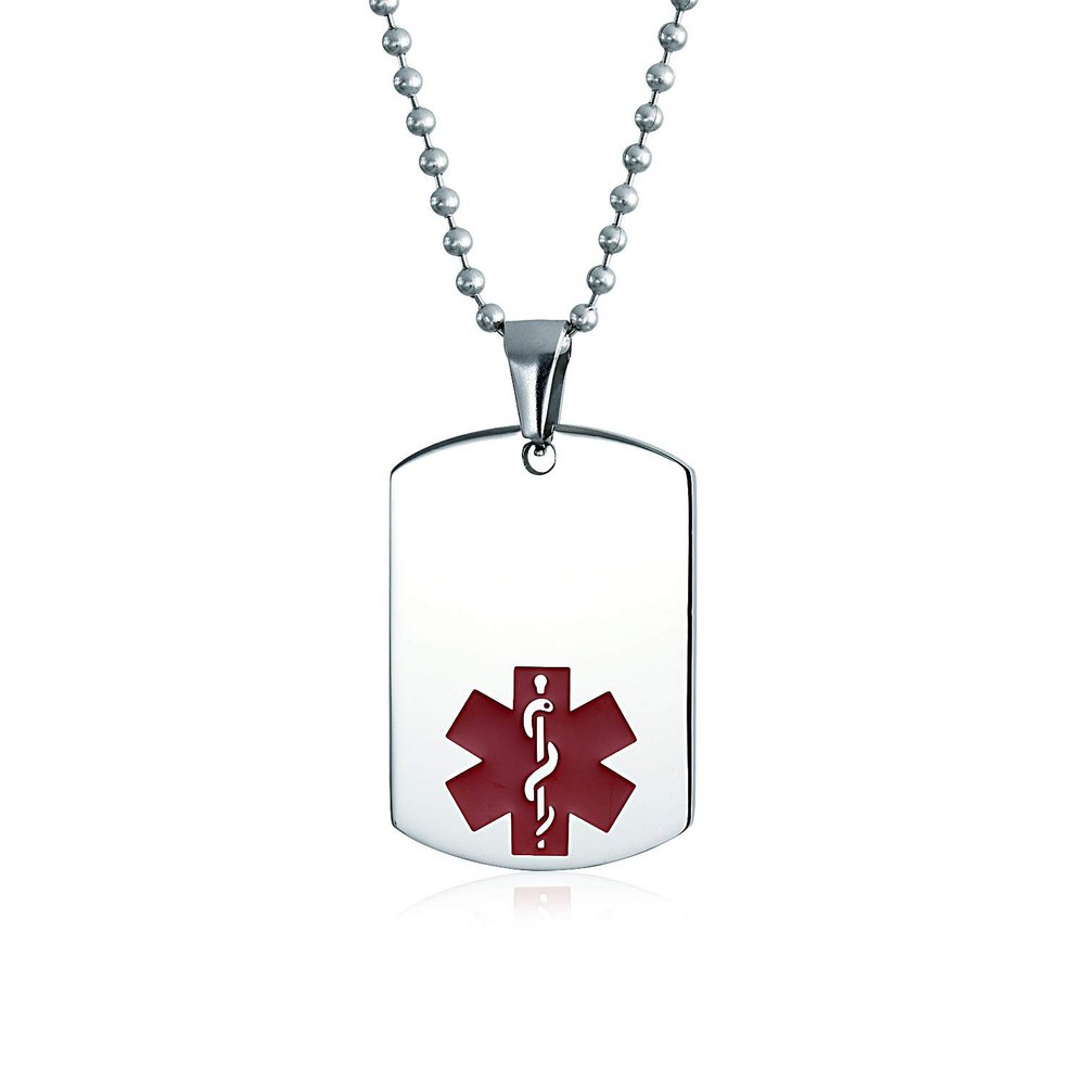 Bling Jewelry Blood Thinner Medical Identification ID Dog Tag Pendant Necklace Men Stainless Steel Small Custom Engraved