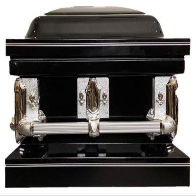 Beautiful Black/Silver Pinstripe 20ga Gasket Casket Silver Hardware White Interior