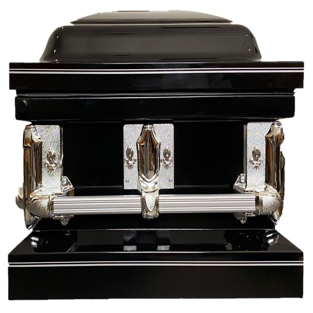 Beautiful Black/Silver Pinstripe 20ga Gasket Casket Silver Hardware White Interior