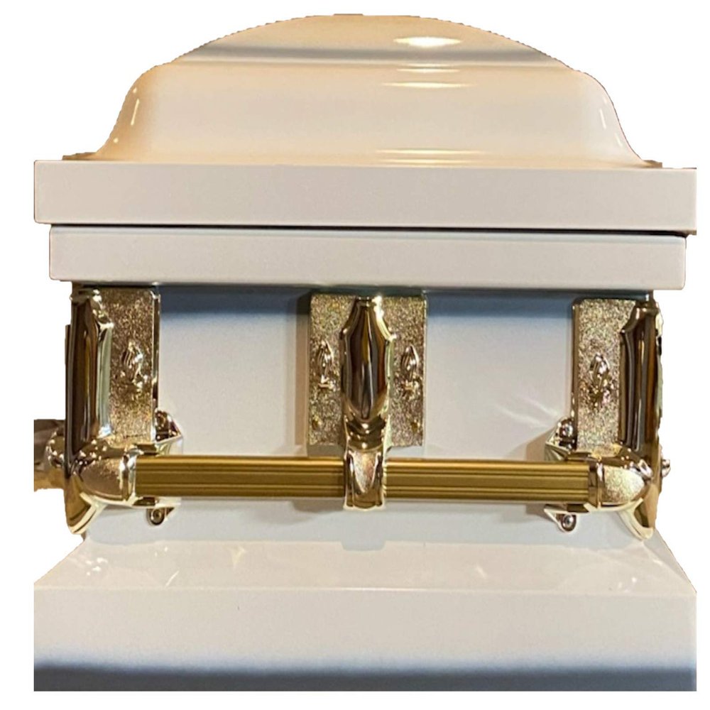 Beautiful White/Blue Casket with Gold Hardware