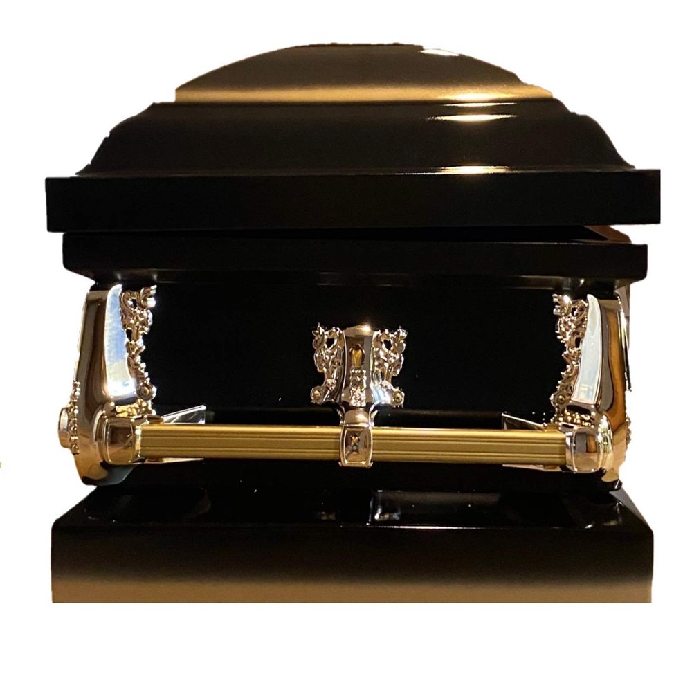 Beautiful Black/Gold Casket Gold Hardware White Interior