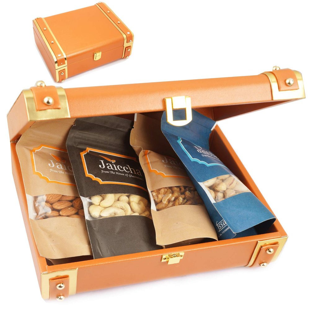 Jaiccha Ghasitaram Diwali Gift - Diwali Gift - Orange Trunk Box of Almonds,Cashews,Pistachio and Walnuts |Diwali,Holi,Rakhi,Valentine,Christmas,Birthday,Anniversary,Her,Him,Mothers Day,Fathers Day|
