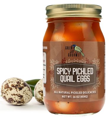 Green Jay Gourmet Spicy Pickled Quail Eggs in a Jar  Fresh Hand Jarred for Cooking & Pantry  Full Spicy Flavor - Simple Natural Ingredients - 16 Ounce Jar
