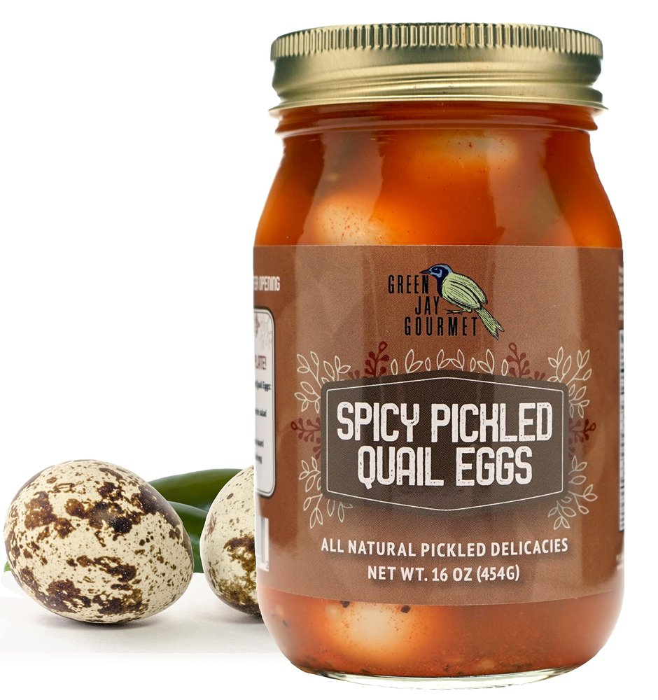 Green Jay Gourmet Spicy Pickled Quail Eggs in a Jar  Fresh Hand Jarred for Cooking & Pantry  Full Spicy Flavor - Simple Natural Ingredients - 16 Ounce Jar