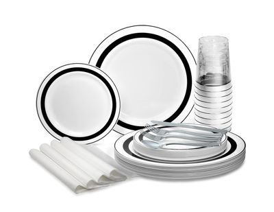 " OCCASIONS " 320pcs set (40 Guests)-Heavyweight Wedding Party Disposable Plastic Plate Set -40 x 10.5'' + 40 x 7.5'' +Silverware +Cups +linen like paper Napkins (Soleil White & Black)