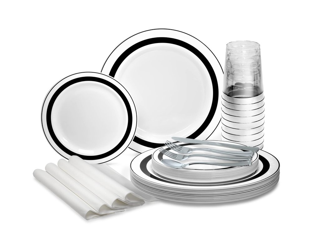" OCCASIONS " 320pcs set (40 Guests)-Heavyweight Wedding Party Disposable Plastic Plate Set -40 x 10.5'' + 40 x 7.5'' +Silverware +Cups +linen like paper Napkins (Soleil White & Black)