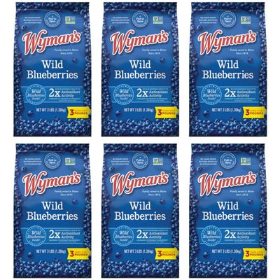 Wymans Frozen Wild Blueberries | No Preservatives, Non-GMO Certified | 18 Pounds Total of Fresh Frozen Fruit - 3LB per Bag (6 Pack)