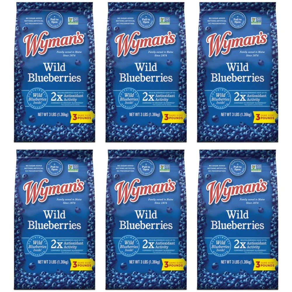 Wymans Frozen Wild Blueberries | No Preservatives, Non-GMO Certified | 18 Pounds Total of Fresh Frozen Fruit - 3LB per Bag (6 Pack)