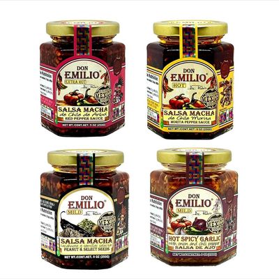 DON EMILIO Spicy Chili Crisp - Salsa Macha Mild & Hot (4 Flavors, 9 oz jars) | Chile de rbol, Chile Morita, Peanut & Seeds, Spicy Garlic Chili Oil Made in Mexico
