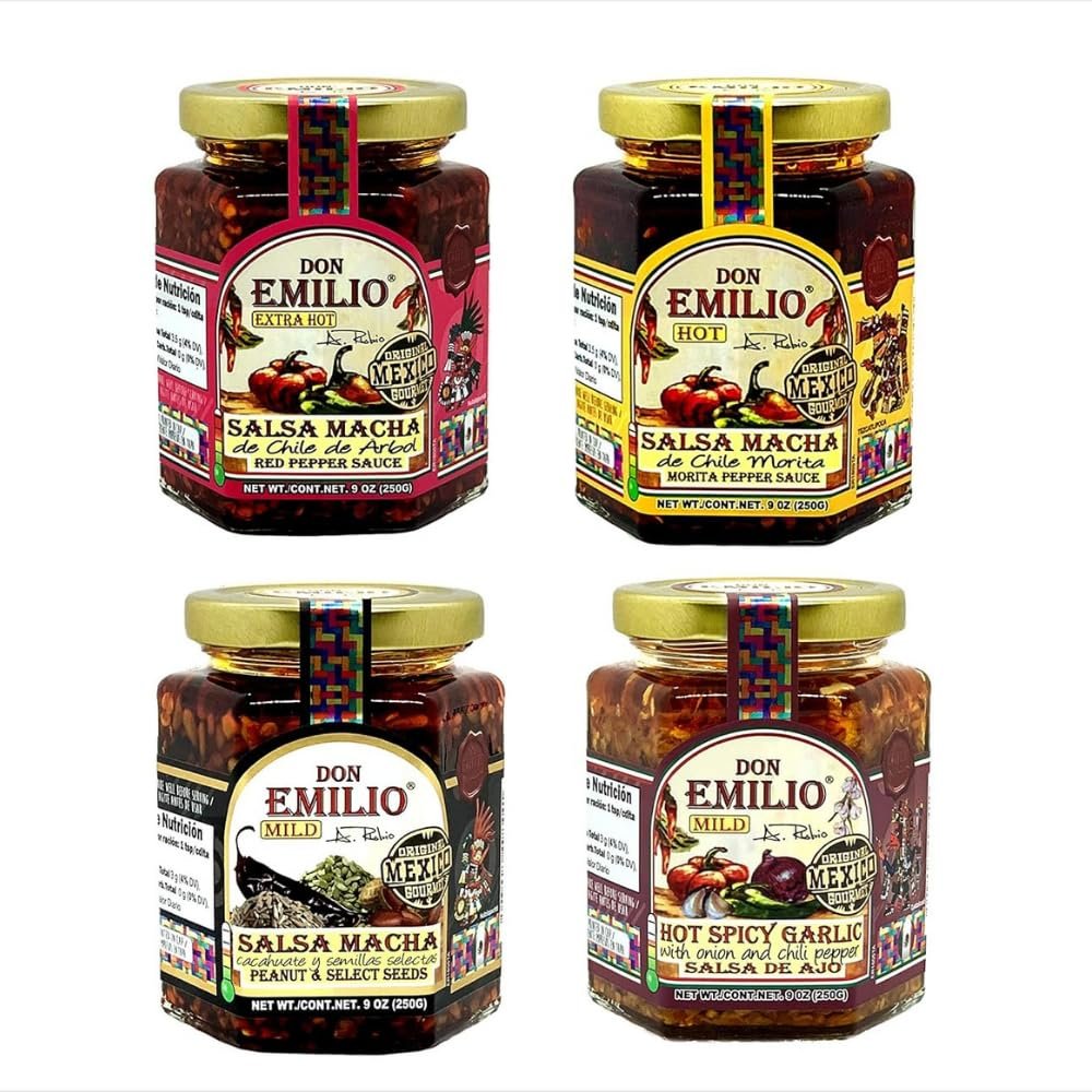 DON EMILIO Spicy Chili Crisp - Salsa Macha Mild & Hot (4 Flavors, 9 oz jars) | Chile de rbol, Chile Morita, Peanut & Seeds, Spicy Garlic Chili Oil Made in Mexico