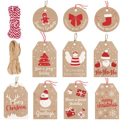 100 Pieces Set Christmas Gift Tags with String Attached Perfect for Labeling Your Gifts - 10 Different Designs Holiday Gift Tags with String - Xmas Gift Tags - Christmas Gift Tags with String