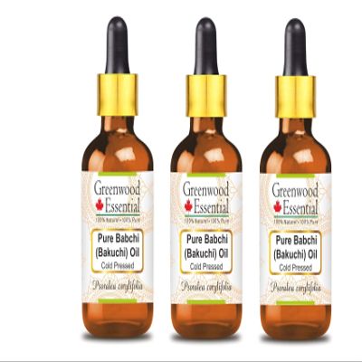 Greenwood Essential Pure Babchi (Bakuchi) Oil (Psoralea corylifolia) with Glass Dropper Cold Pressed (Pack of Three) 100ml X 3 (10 oz)