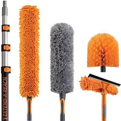 20 Foot High Reach Duster Kit with 4-12 ft Extension Pole // High Ceiling Dusting and Window Cleaning Kit with Telescopic Pole // Window Washer & Squeegee, Cobweb Duster, Fan Blade and Feather Dusters