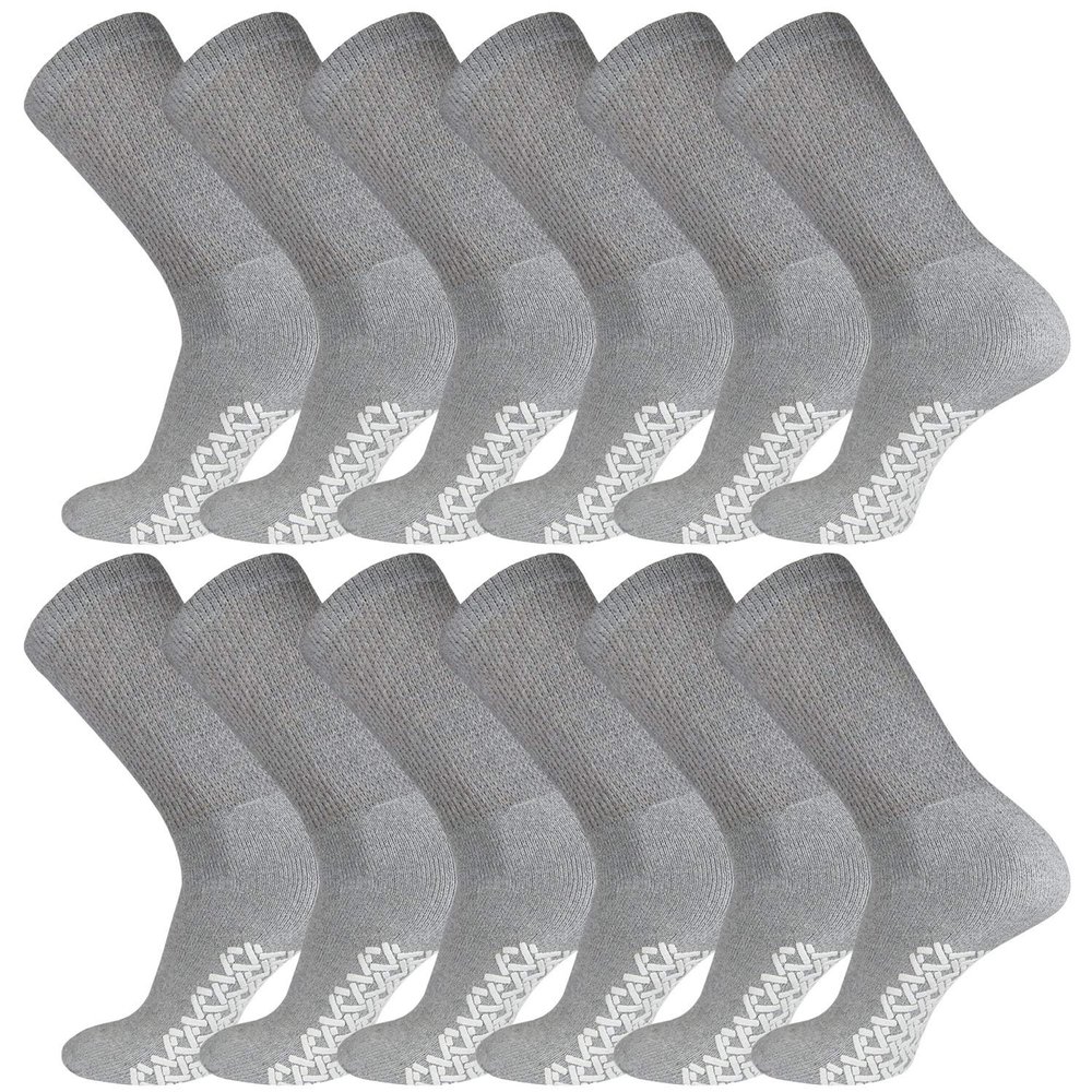 12 Pairs of Men's Cotton Non-Skid Diabetic Crew Socks, Non Binding Top Therapeutic Cotton Gripper Socks (Grey, Shoe Size 8-11 US)