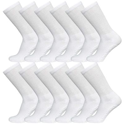 12 Pairs of Men's Cotton Non-Skid Diabetic Crew Socks, Non Binding Top Therapeutic Cotton Gripper Socks (White, Shoe Size 8-11 US)