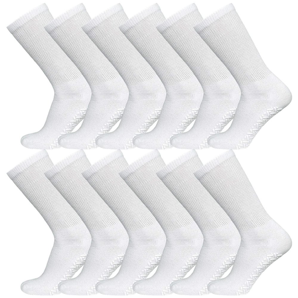 12 Pairs of Men's Cotton Non-Skid Diabetic Crew Socks, Non Binding Top Therapeutic Cotton Gripper Socks (White, Shoe Size 8-11 US)