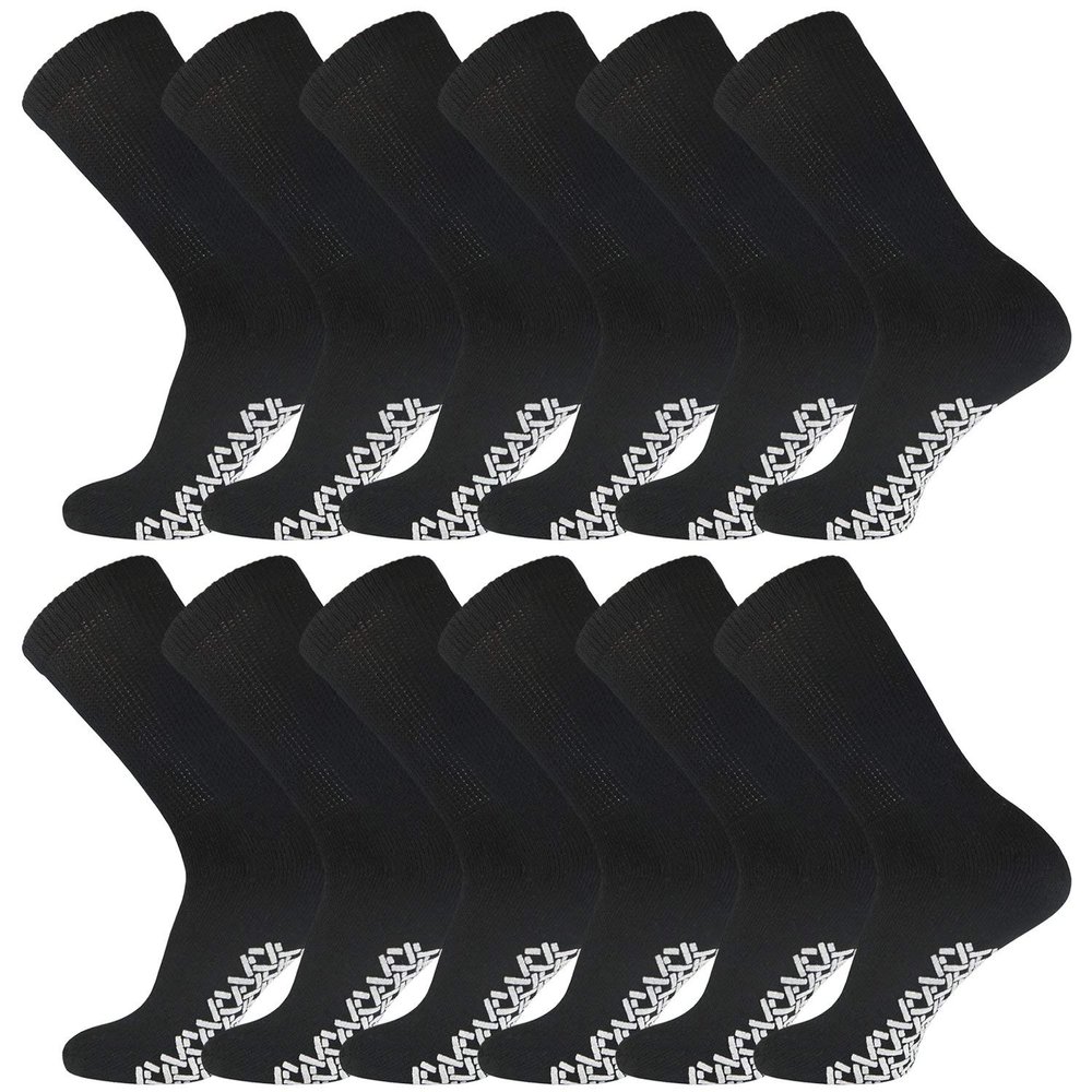 12 Pairs of Men's Extra Large Cotton Non-Skid Diabetic King Size Crew Socks, Non Binding Top Therapeutic Cotton Gripper Socks (Black, Shoe Size 12-14.5 US)