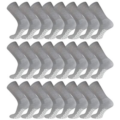 24 Pairs of Men's Extra Large Cotton Non-Skid Diabetic King Size Crew Socks, Non Binding Top Therapeutic Cotton Gripper Socks (Grey, Shoe Size 12-14.5 US)