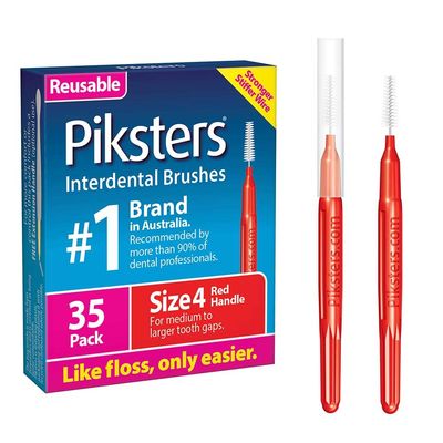 Piksters Interdental Brushes, 35 pk, Size 4, Interdental Tooth Brush for Medium Gaps, Gum Soft Bristles for Plaque Removal, Safe for Braces