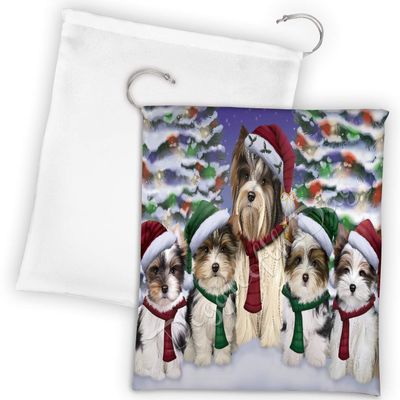 Doggie of the Day Biewer Terrier Dogs Christmas Family Portrait in Holiday Scenic Background Drawstring Laundry or Gift Bag LGB48118