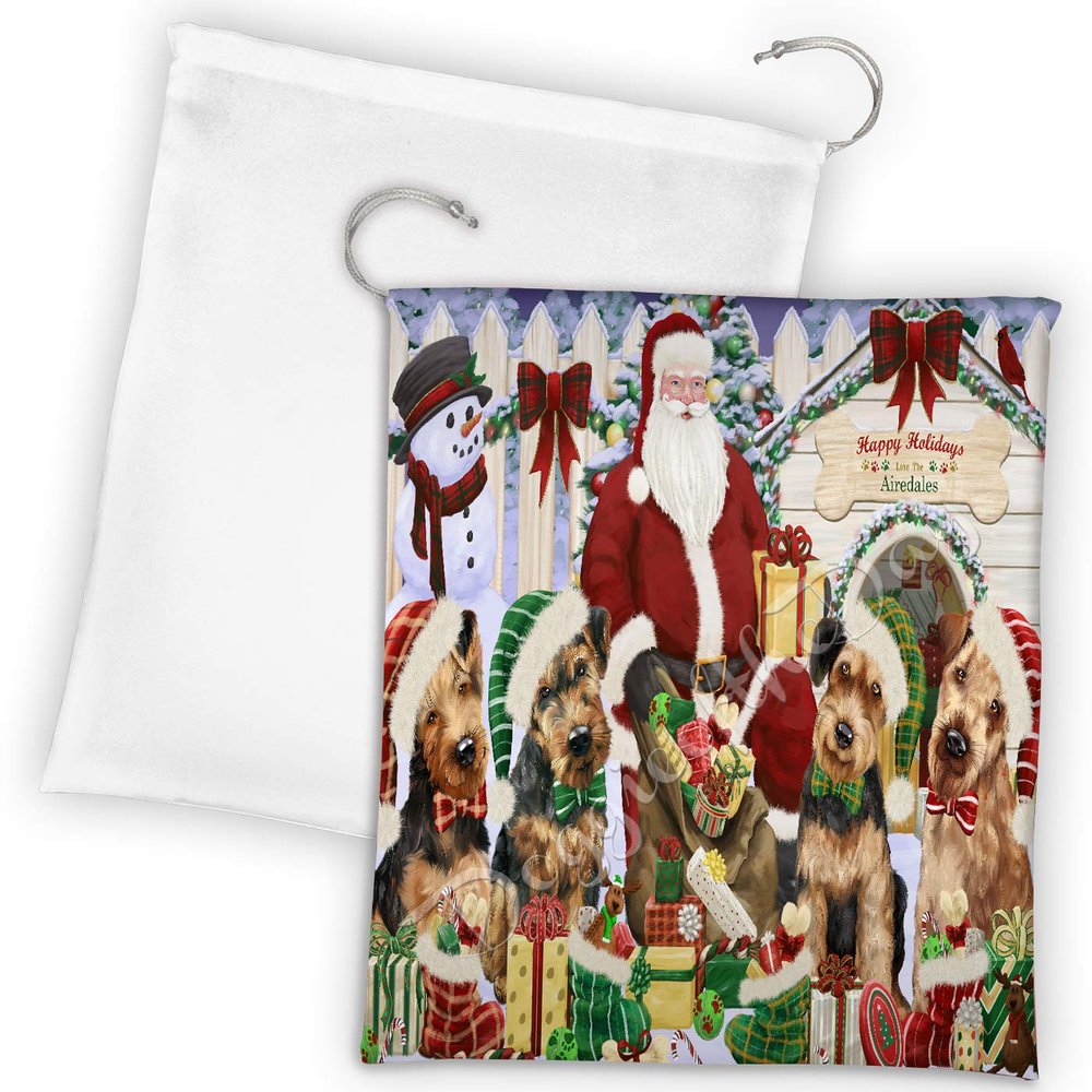 Happy Holidays Christmas Airedale Dogs House Gathering Drawstring Laundry or Gift Bag LGB48003