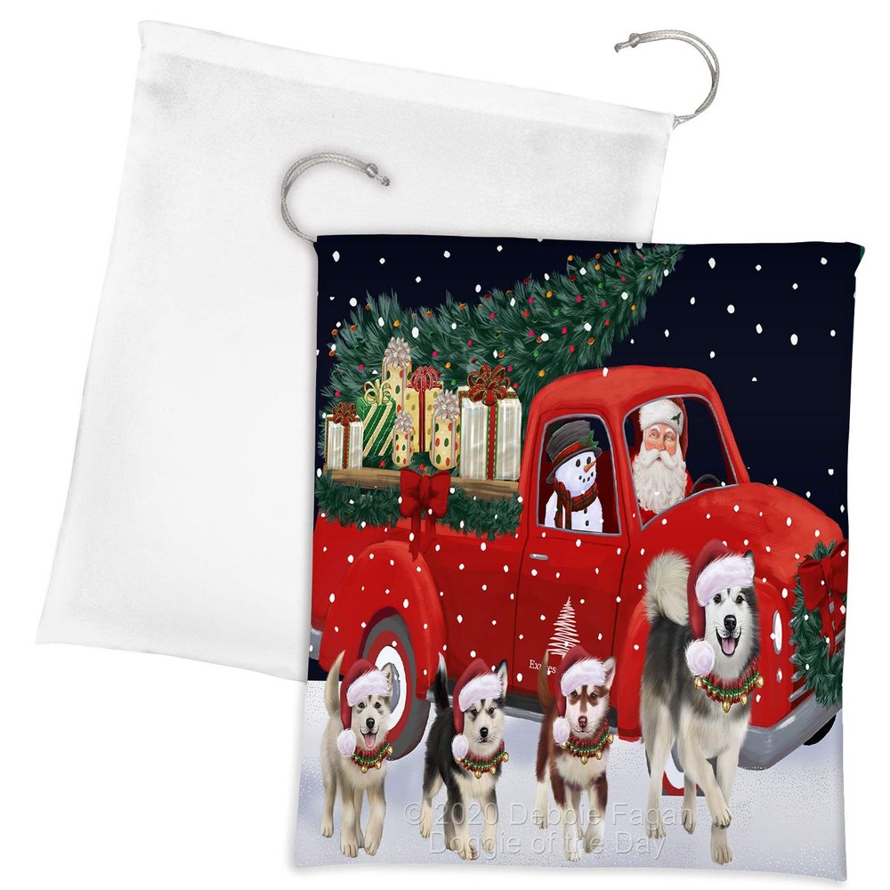 Doggie of the Day Christmas Express Delivery Red Truck Running Alaskan Malamute Dogs Drawstring Laundry or Gift Bag LGB48869