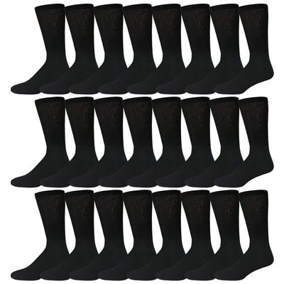 24 Pairs of Men's Extra Large Cotton Diabetic Neuropathy King Size Crew Socks (Black, Shoe Size 12-14.5 US)