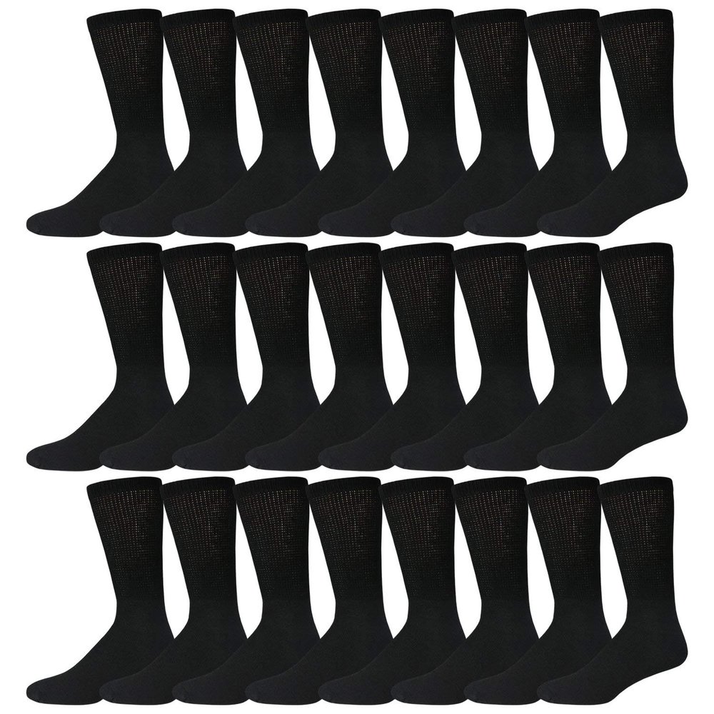 24 Pairs of Men's Extra Large Cotton Diabetic Neuropathy King Size Crew Socks (Black, Shoe Size 12-14.5 US)