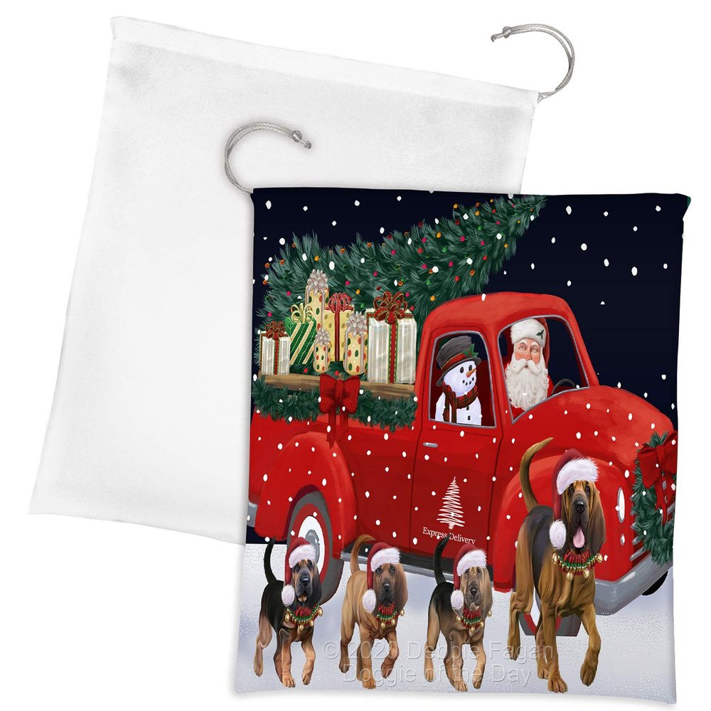 Doggie of the Day Christmas Express Delivery Red Truck Running Bloodhound Dogs Drawstring Laundry or Gift Bag LGB48880