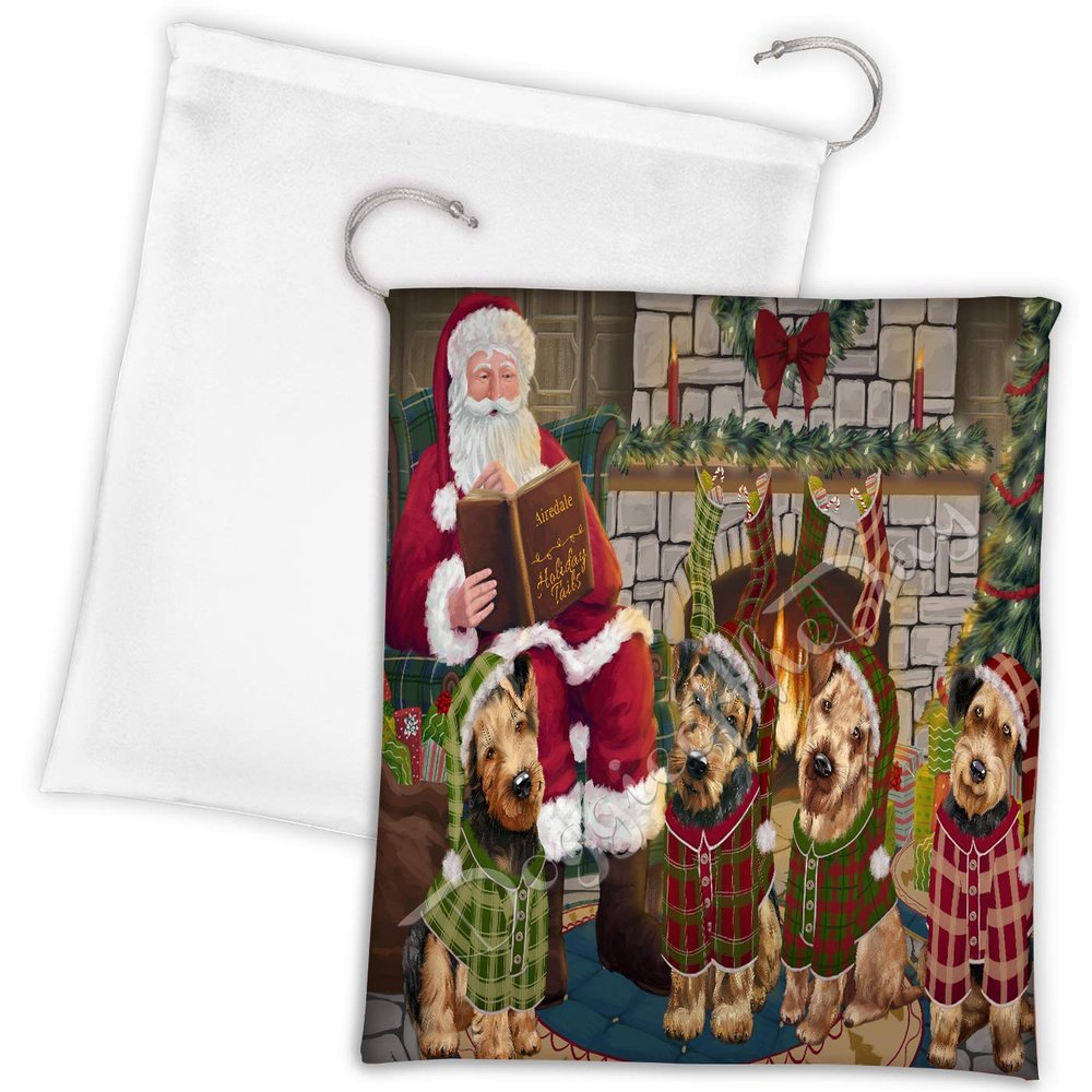 Christmas Cozy Holiday Fire Tails Airedale Dogs Drawstring Laundry or Gift Bag LGB48458