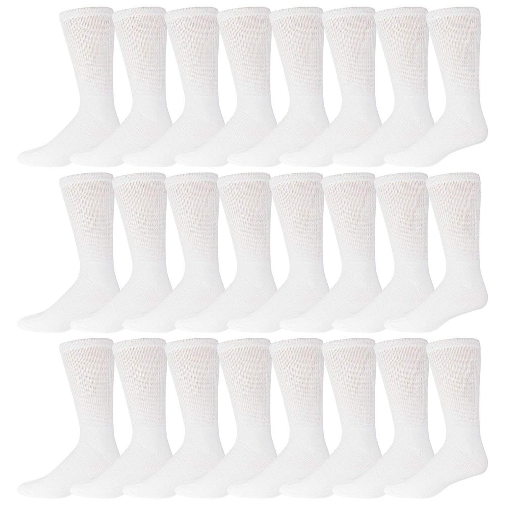 24 Pairs of Men's Extra Large Cotton Diabetic Neuropathy King Size Crew Socks (White, Shoe Size 12-14.5 US)