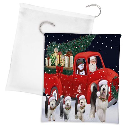 Doggie of the Day Christmas Express Delivery Red Truck Running Old English Sheepdogs Drawstring Laundry or Gift Bag LGB48914