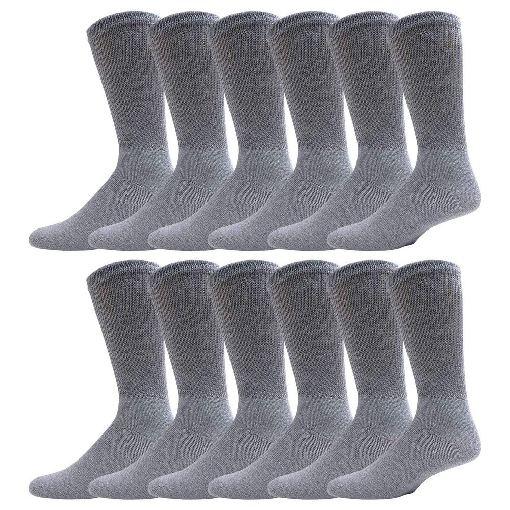 12 Pairs of Men's Extra Large Cotton Diabetic Neuropathy King Size Crew Socks (Grey, Shoe Size 12-14.5 US)