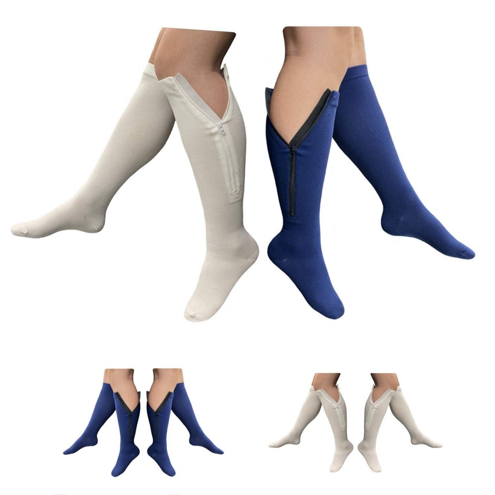 HealthyNees 2 Set Closed Toe 20-30 mmHg Zipper Compression Leg Socks Navy White (2 Pairs Mix, 2X-Large)