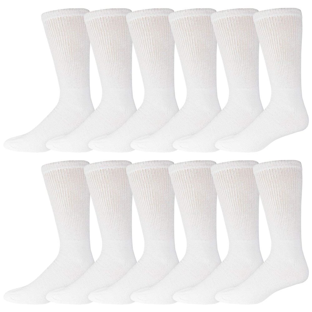 12 Pairs of Men's Cotton Diabetic Neuropathy Crew Socks (White, Shoe Size 8-11 US)