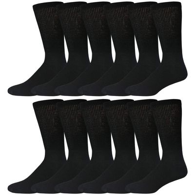 12 Pairs of Men's Extra Large Cotton Diabetic Neuropathy King Size Crew Socks (Black, Shoe Size 12-14.5 US)