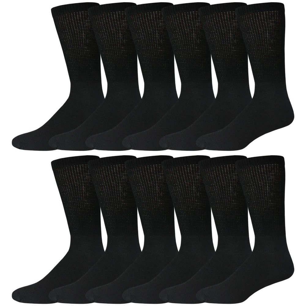 12 Pairs of Men's Extra Large Cotton Diabetic Neuropathy King Size Crew Socks (Black, Shoe Size 12-14.5 US)