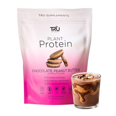 TRU Supplements Plant Based Protein Powder, BCAA, EAA, 20g Vegan Brown Rice & Pea Protein, 100 Calories, 27 Vitamins, No Artificial Flavors 25 Servings (Chocolate Peanut Butter)