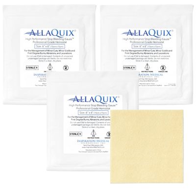 AllaQuix High Performance Stop Bleeding Gauze Pads  3-Pack (6"x6") | Hemostatic Wound Dressing for Cuts & First Aid Kits | Sterile, Drug-Free, Fast Clotting Pads