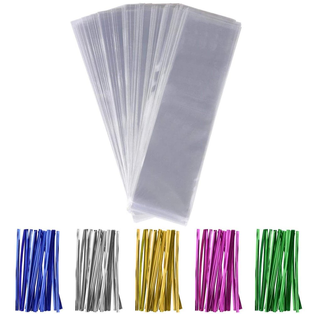 600pcs Cello Bags Kit, 300pcs 2.4"x10" Long Treat Cellophane Bags Clear Bag, 300pcs Colored Ties
