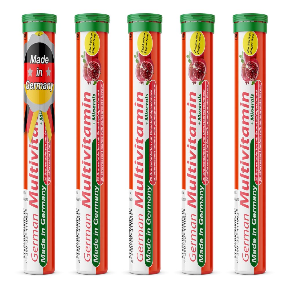 T&D German Multvitamin + Minerals 10 Vitamins 2 Minerals - 100 Vegan Drink Effervescent Tablets - Pomegranate Flavor - Made in Germany