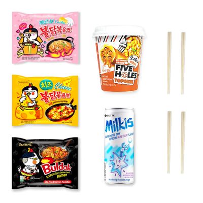 Korean Spicy Ramen Box | 3 Buldak Ramen Original, Cheese, Carbo +1 Korean Spicy Rice Cake Tteokbokki +1 Korean Sweet Drink + 4 Chopsticks | Korean Food Box Gift - Journey of Korea