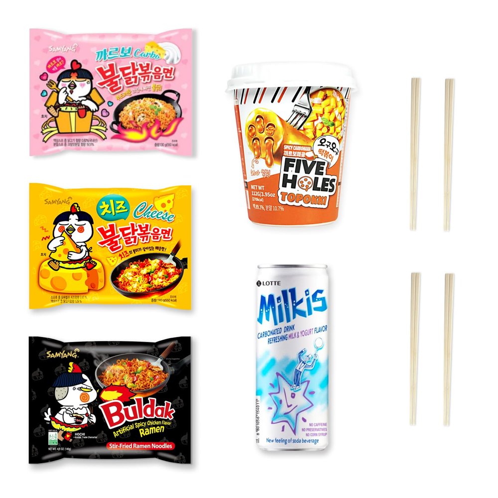 Korean Spicy Ramen Box | 3 Buldak Ramen Original, Cheese, Carbo +1 Korean Spicy Rice Cake Tteokbokki +1 Korean Sweet Drink + 4 Chopsticks | Korean Food Box Gift - Journey of Korea
