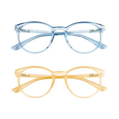 VisionGlobal Blue Light Blocking Glasses, 2 Pack Computer Reading Glasses for Anti EyestrainStylish Oval Frame, Anti Glare(Clear Blue + Champagne, 0.75 Magnification)